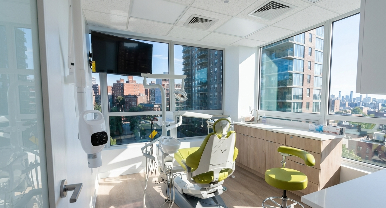 Bright operatory with city view at ZS Dental Care